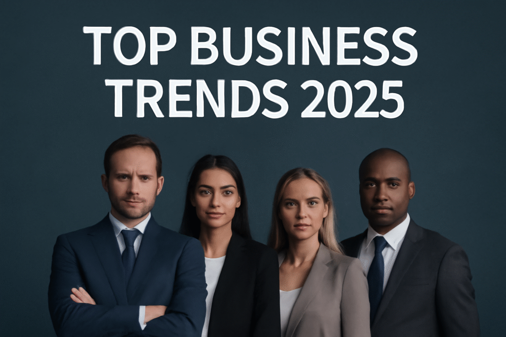 Top business trends 2025 including digital transformation, sustainability, and remote work